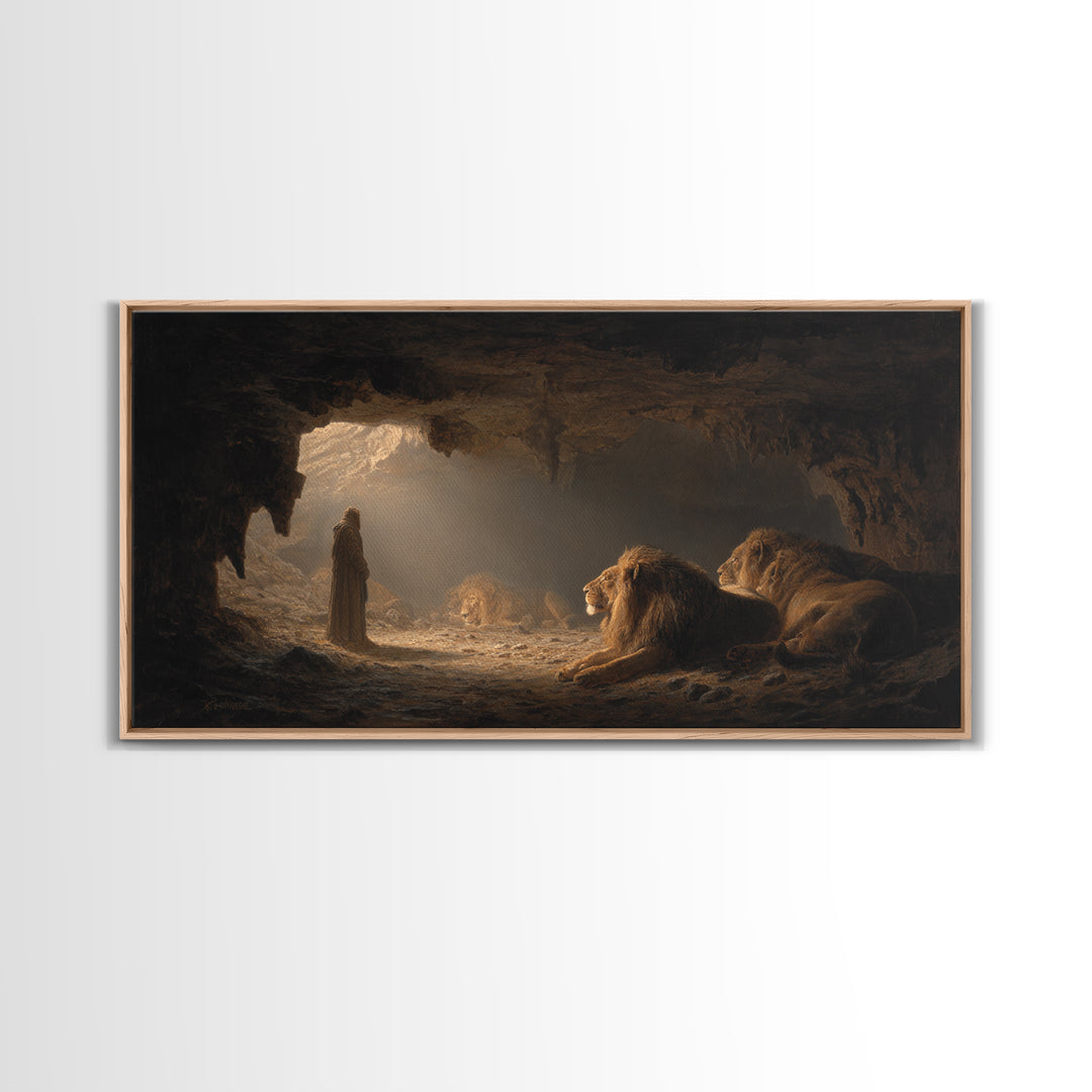 Daniel In The Lions Den Wall Art, Biblical Fantasy Canvas Print, Dramatic Cave Painting, Christian Home Decor Inspirational Gift