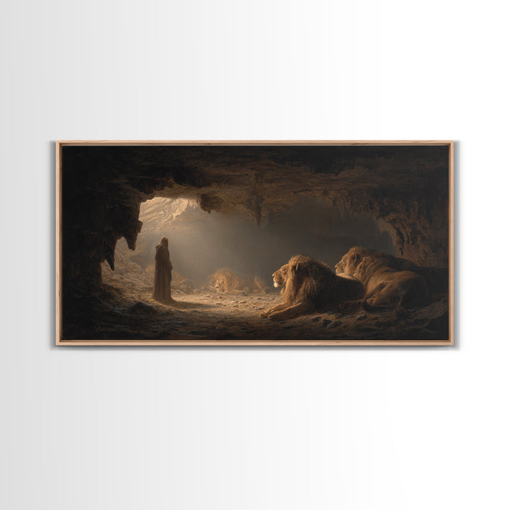 Daniel In The Lions Den Wall Art, Biblical Fantasy Canvas Print, Dramatic Cave Painting, Christian Home Decor Inspirational Gift
