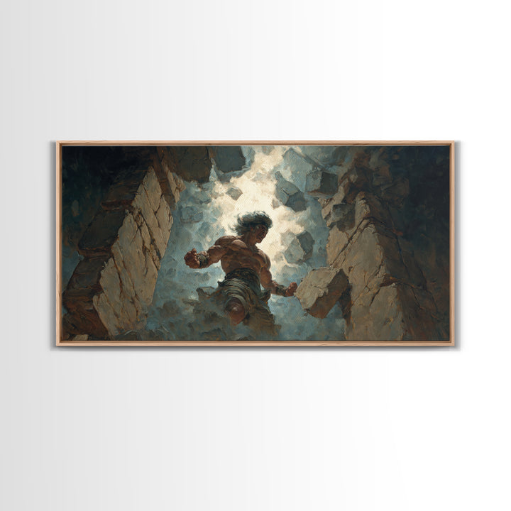 Mighty Warrior Breaking Stone Wall Art, Dramatic Fantasy Canvas Print, Epic Battle Decor For Game Room Or Man Cave Wall Decor