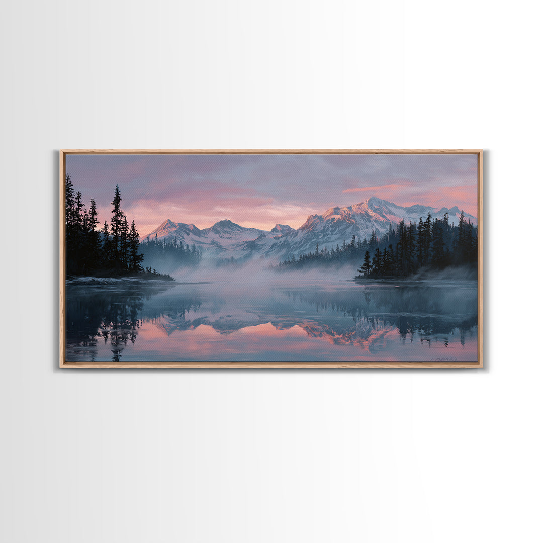 Pink Alpine Mountain Lake Wall Art, Misty Forest Landscape Canvas Print, Nature Decor, Large Wall Art For Living Room Decor