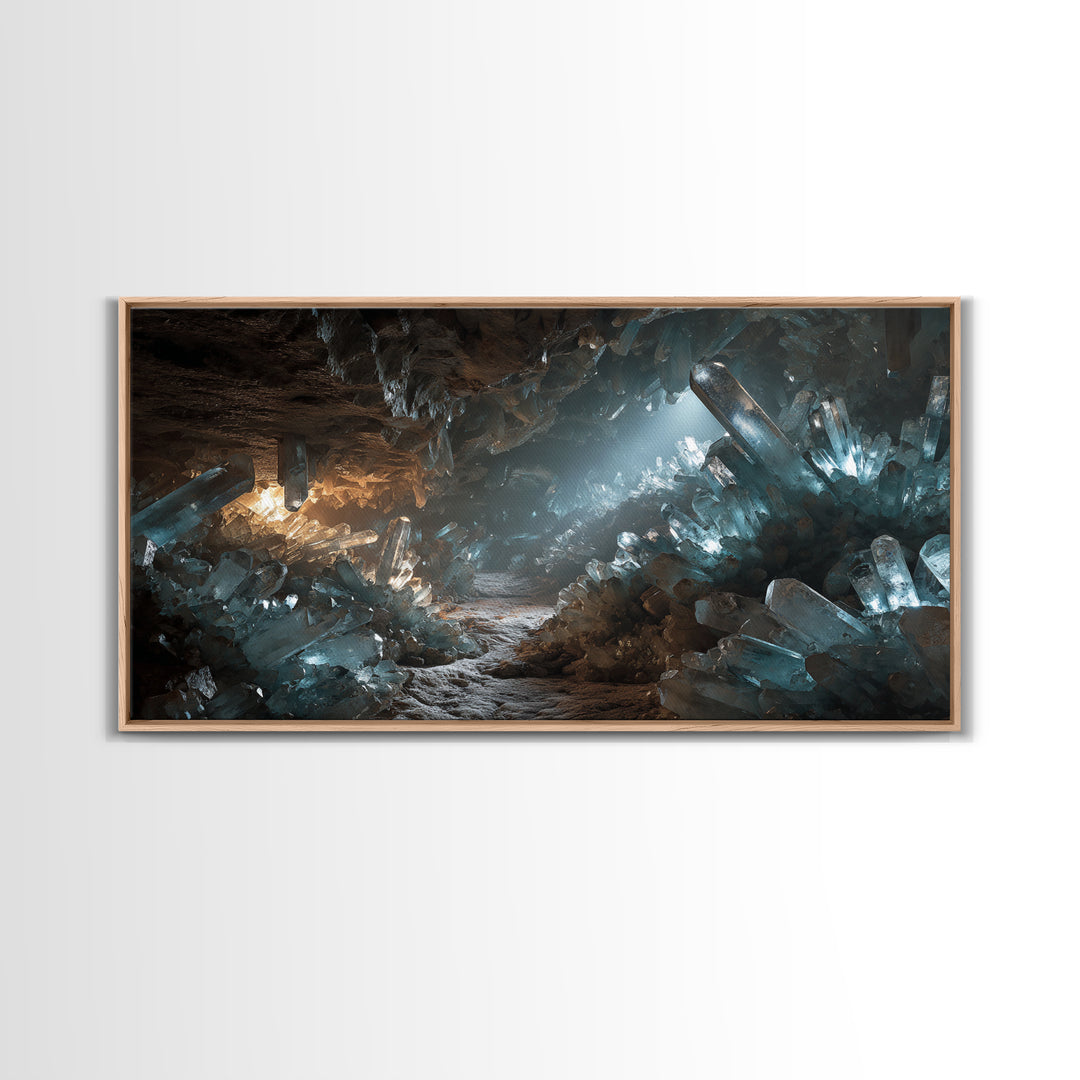 Glowing Crystal Cave Fantasy Canvas Print, Blue Quartz Cavern Wall Decor, Mystical Landscape Art, Unique Gamer Room Gift