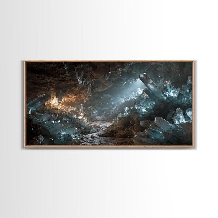 Glowing Crystal Cave Fantasy Canvas Print, Blue Quartz Cavern Wall Decor, Mystical Landscape Art, Unique Gamer Room Gift