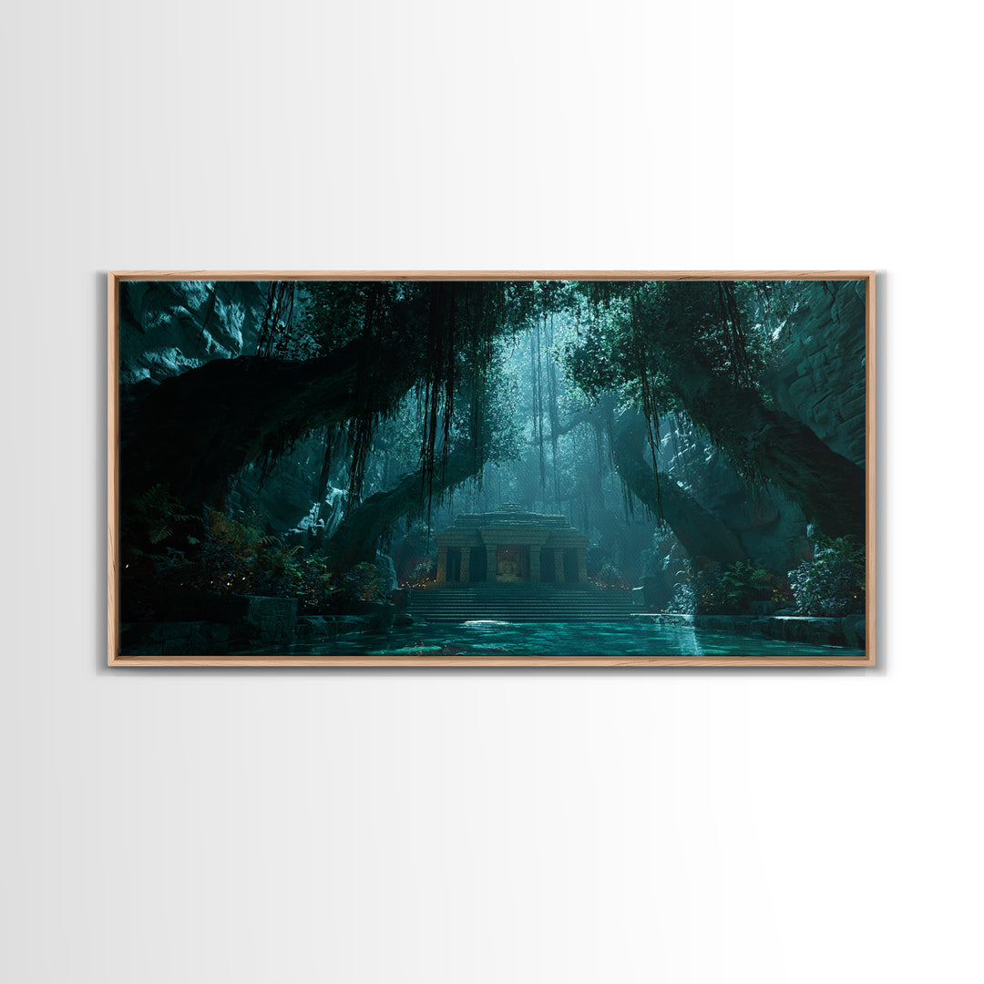 Teal Jungle Temple Cave With Waterfall Wall Art, Fantasy Canvas Print, Moody Nature Decor, Zen Home Decor, Unique Gift For Her