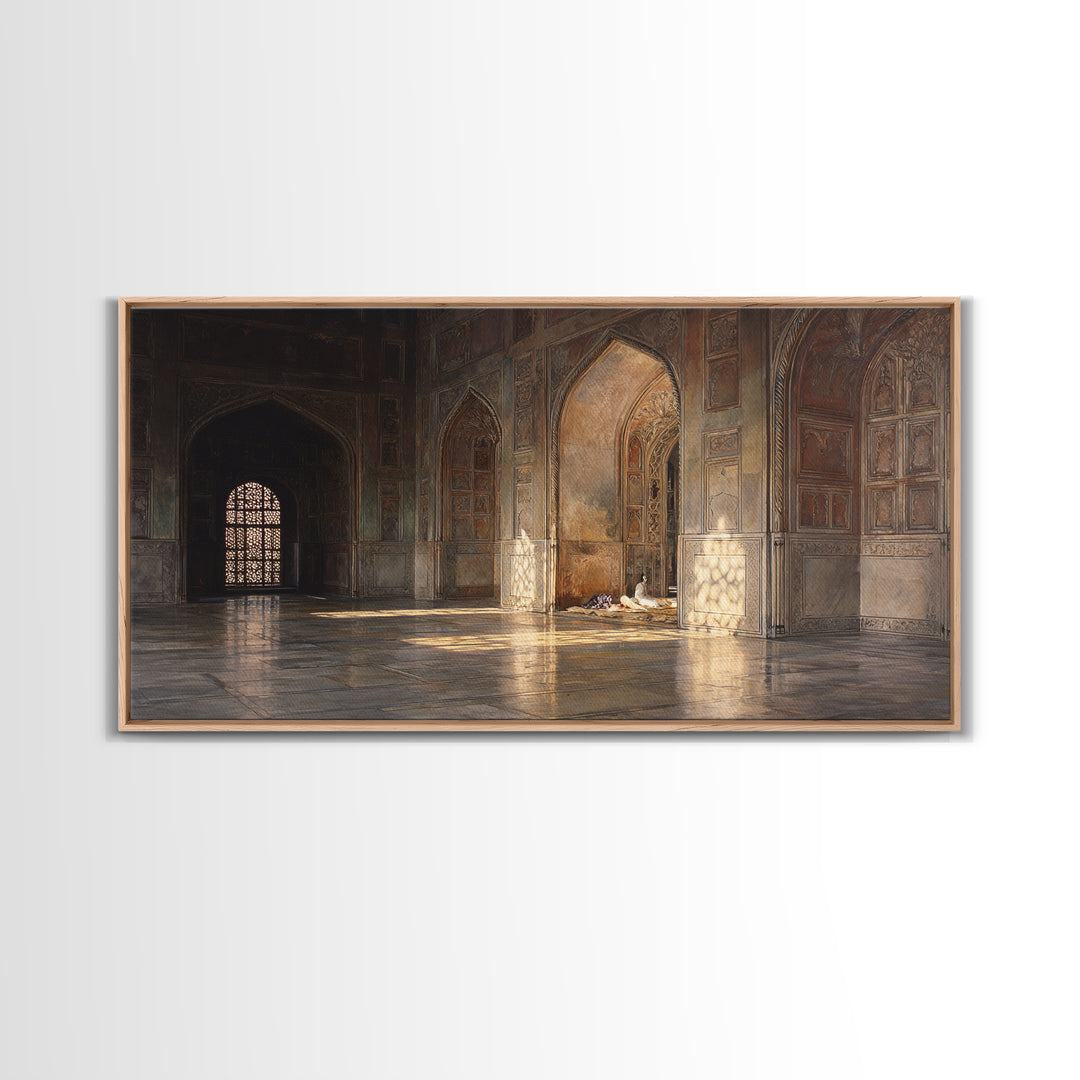 Sunlit Islamic Architecture Wall Art, Historic Mosque Interior Canvas Print, Moroccan Arches Decor, Prayer Room Gift For Home