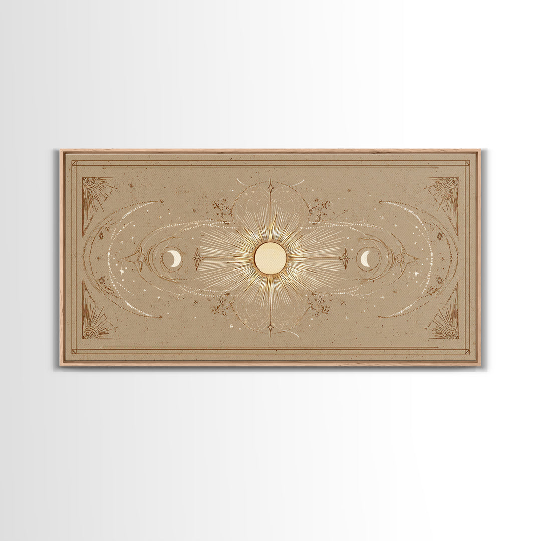 Celestial Sun And Moon Wall Art, Gold Mystic Canvas Print, Boho Astrology Decor, Neutral Bedroom Above Bed Wall Decor, Housewarming Gift