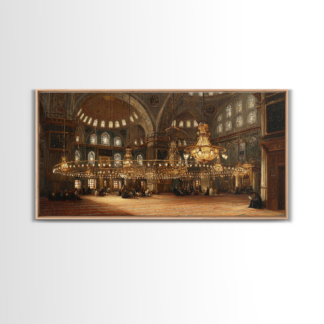 Ornate Mosque Interior With Golden Chandeliers Framed Canvas Print, Islamic Architecture Wall Art, Elegant Ramadan Decor