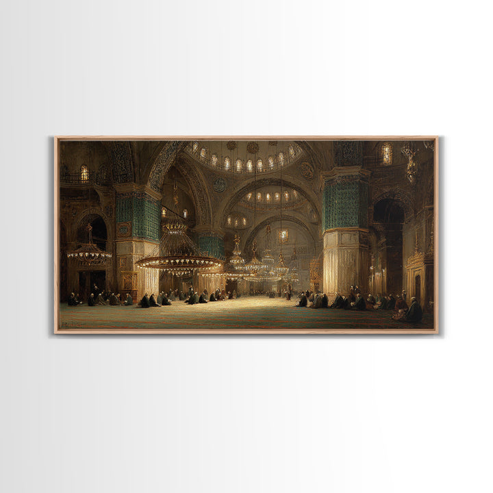 Golden Mosque Interior Prayer Hall Wall Art, Islamic Architecture Framed Canvas Print, Spiritual Decor, Eid Housewarming Gift