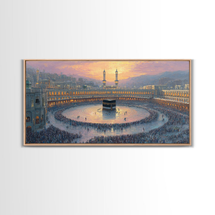 Sunset Kaaba Pilgrimage At Mecca Framed Canvas Print, Islamic Wall Art, Muslim Home Decor, Spiritual Gift, Prayer Room Decor