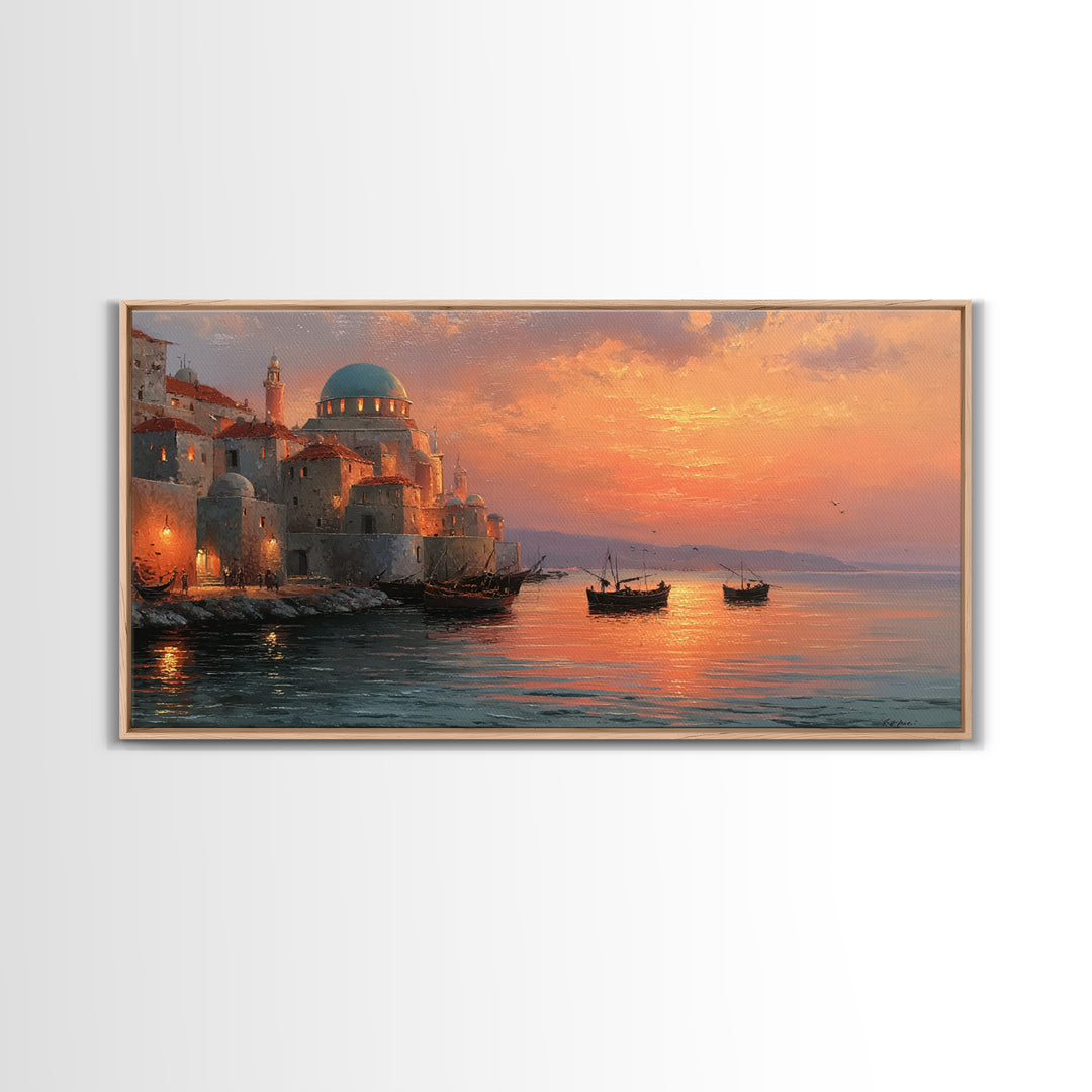 Mediterranean Dome Harbor Sunset Canvas Print, Coastal Wall Art, Italian Seascape Decor, Boats Over Water, Travel Gift Idea