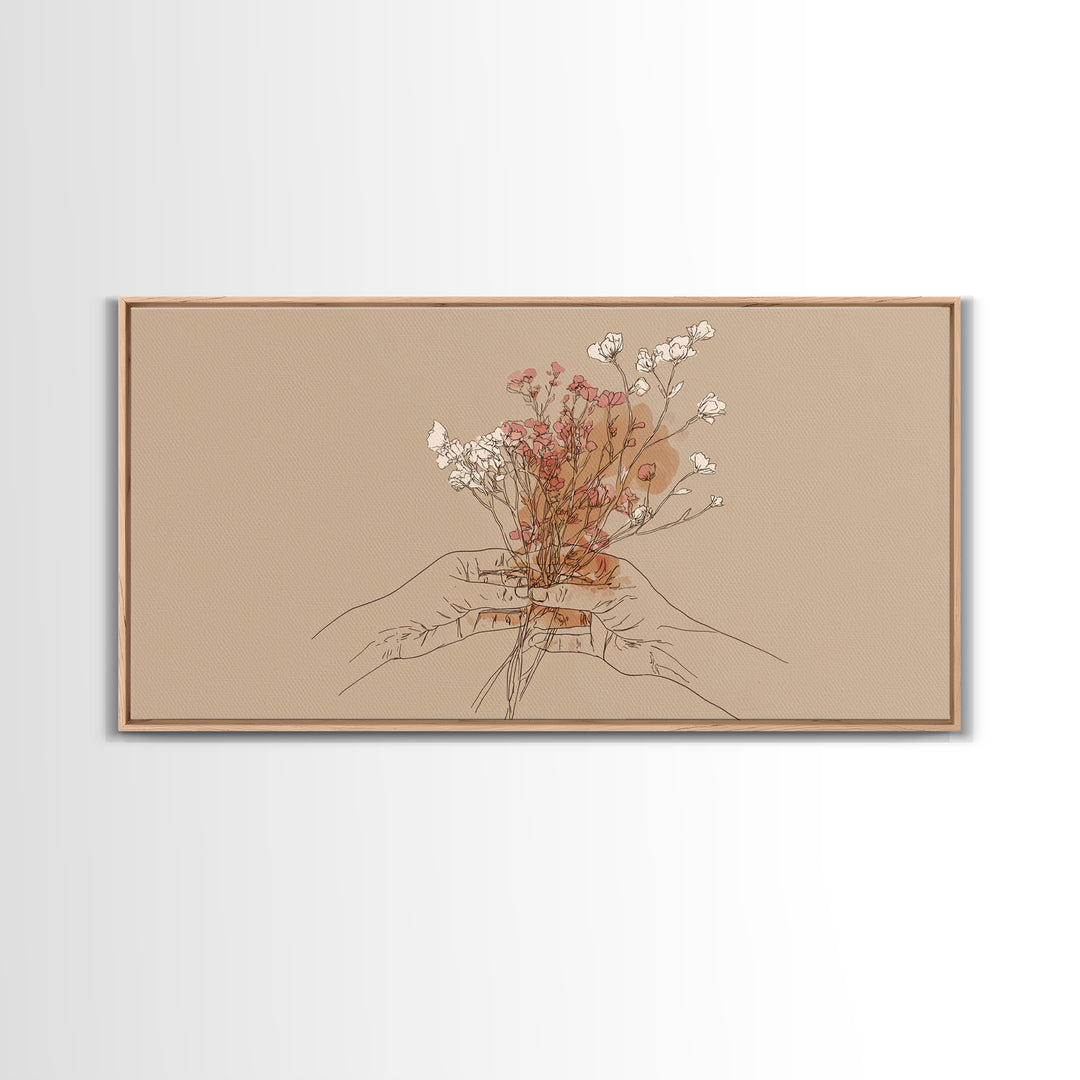 Hands Holding Wildflowers Wall Art, Minimal Line Art Canvas Print, Neutral Botanical Decor, Feminine Bedroom Gift For Her
