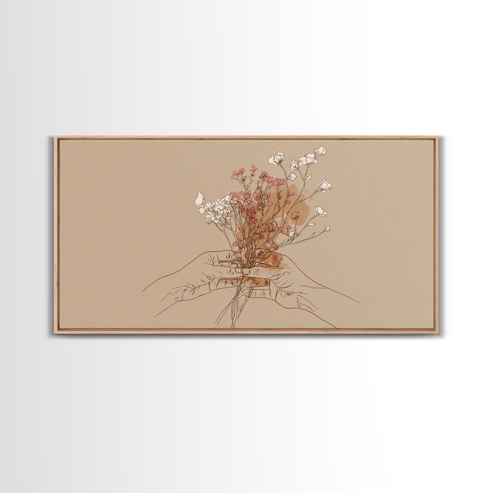 Hands Holding Wildflowers Wall Art, Minimal Line Art Canvas Print, Neutral Botanical Decor, Feminine Bedroom Gift For Her