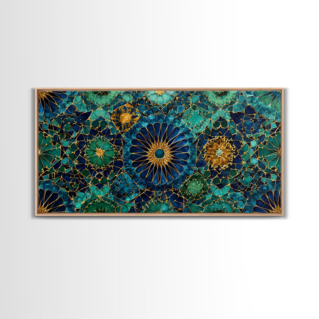 Teal Gold Floral Mosaic Canvas Print, Moroccan Wall Art, Geometric Pattern Decor, Mediterranean Tile Gift For Her, Luxury Home Decor