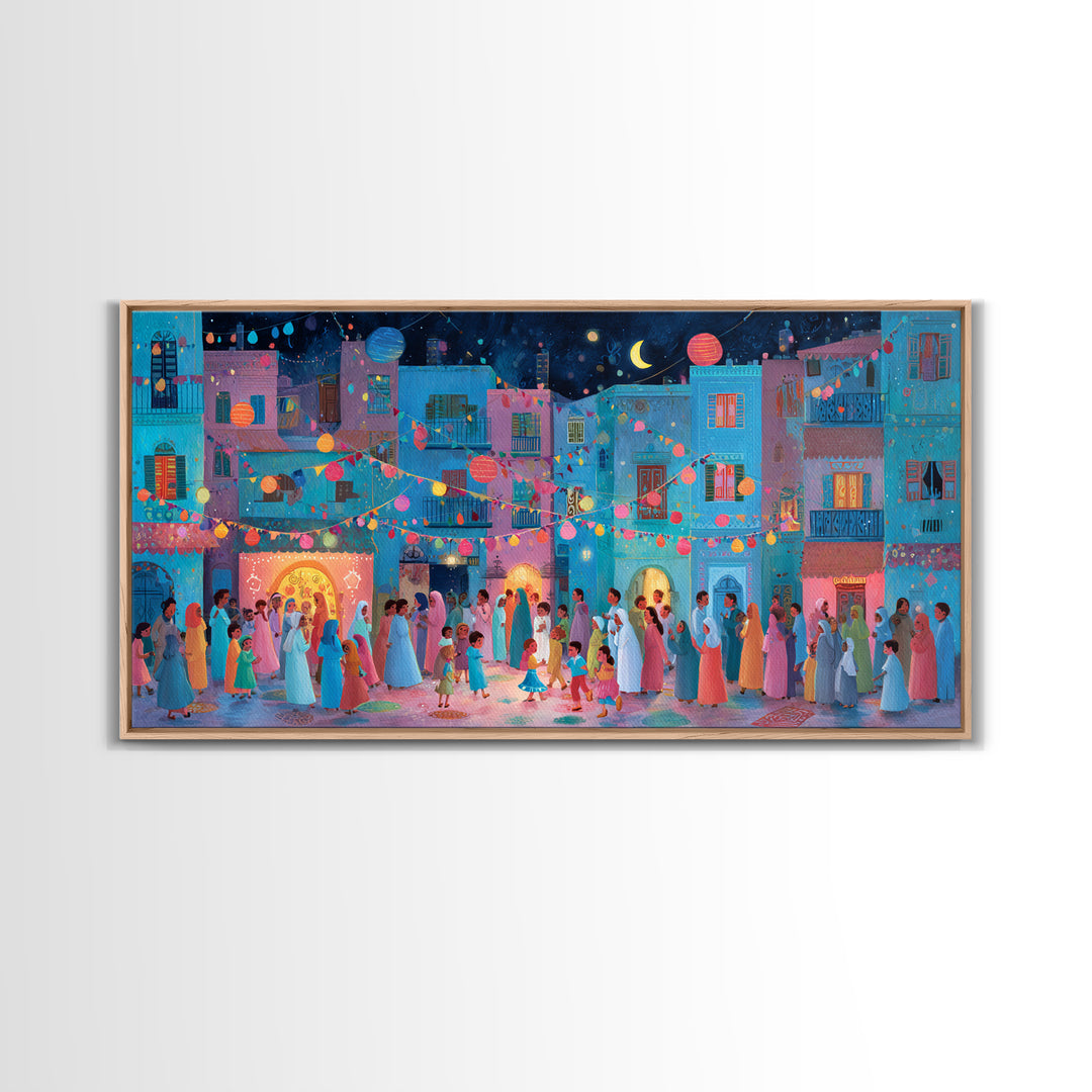 Colorful Moonlit Wedding Street Wall Art, Mediterranean Festival Canvas Print, Dopamine Decor, Joyful Village Poster Gift
