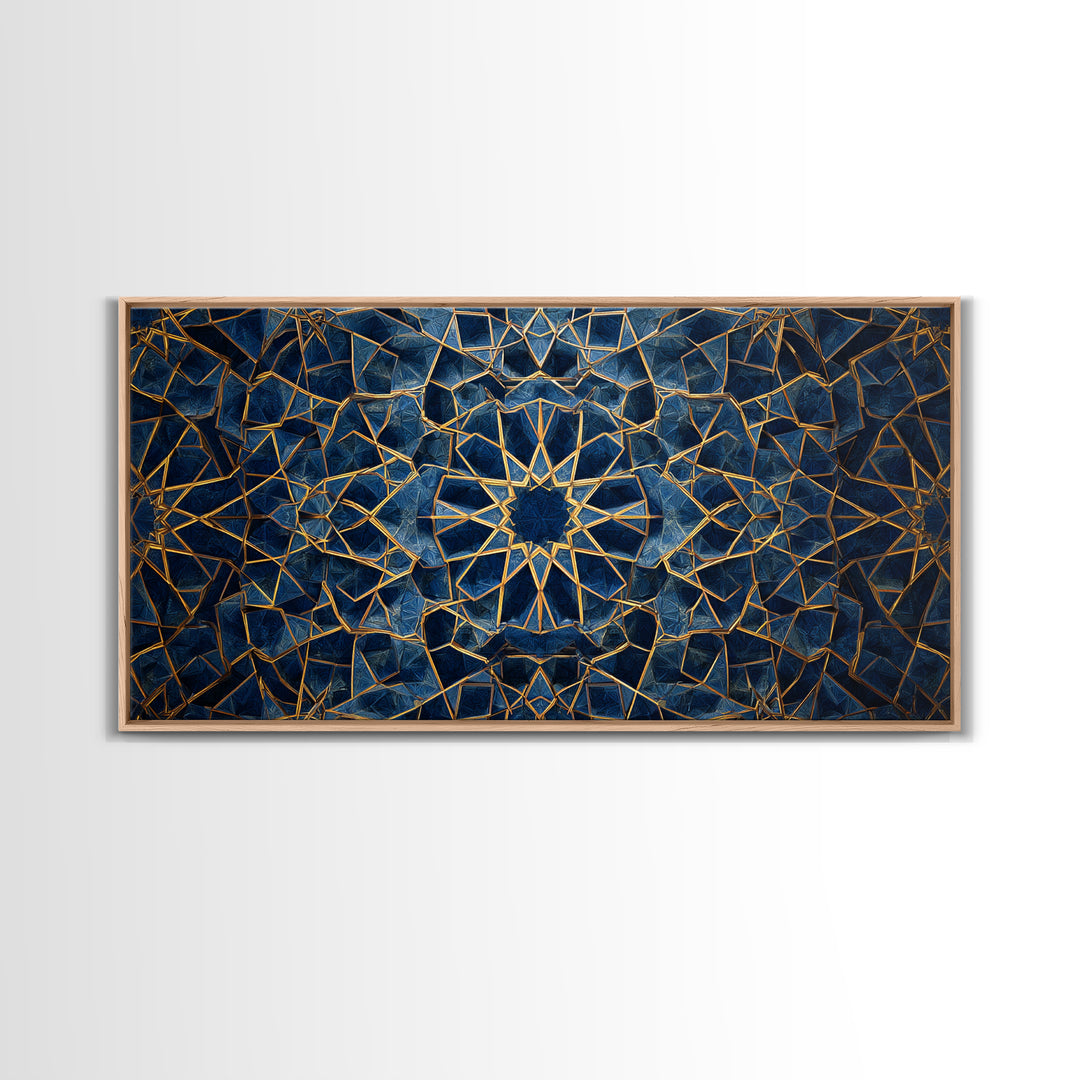 Blue Gold Islamic Geometric Wall Art, Sacred Pattern Canvas Print, Moroccan Tile Decor For Modern Living Room Home Decor Gift