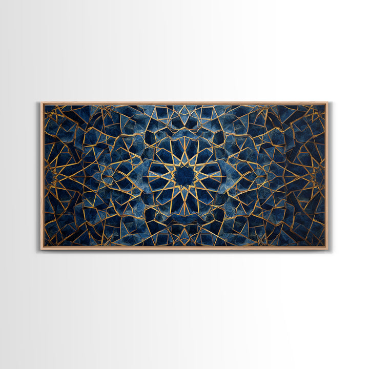 Blue Gold Islamic Geometric Wall Art, Sacred Pattern Canvas Print, Moroccan Tile Decor For Modern Living Room Home Decor Gift