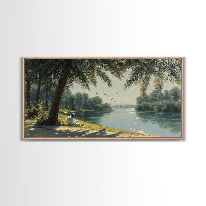 Palm Shaded River Reader Canvas Print, Serene Tropical Landscape Wall Art, Coastal Home Decor, Office Decor, Housewarming Gift For Her
