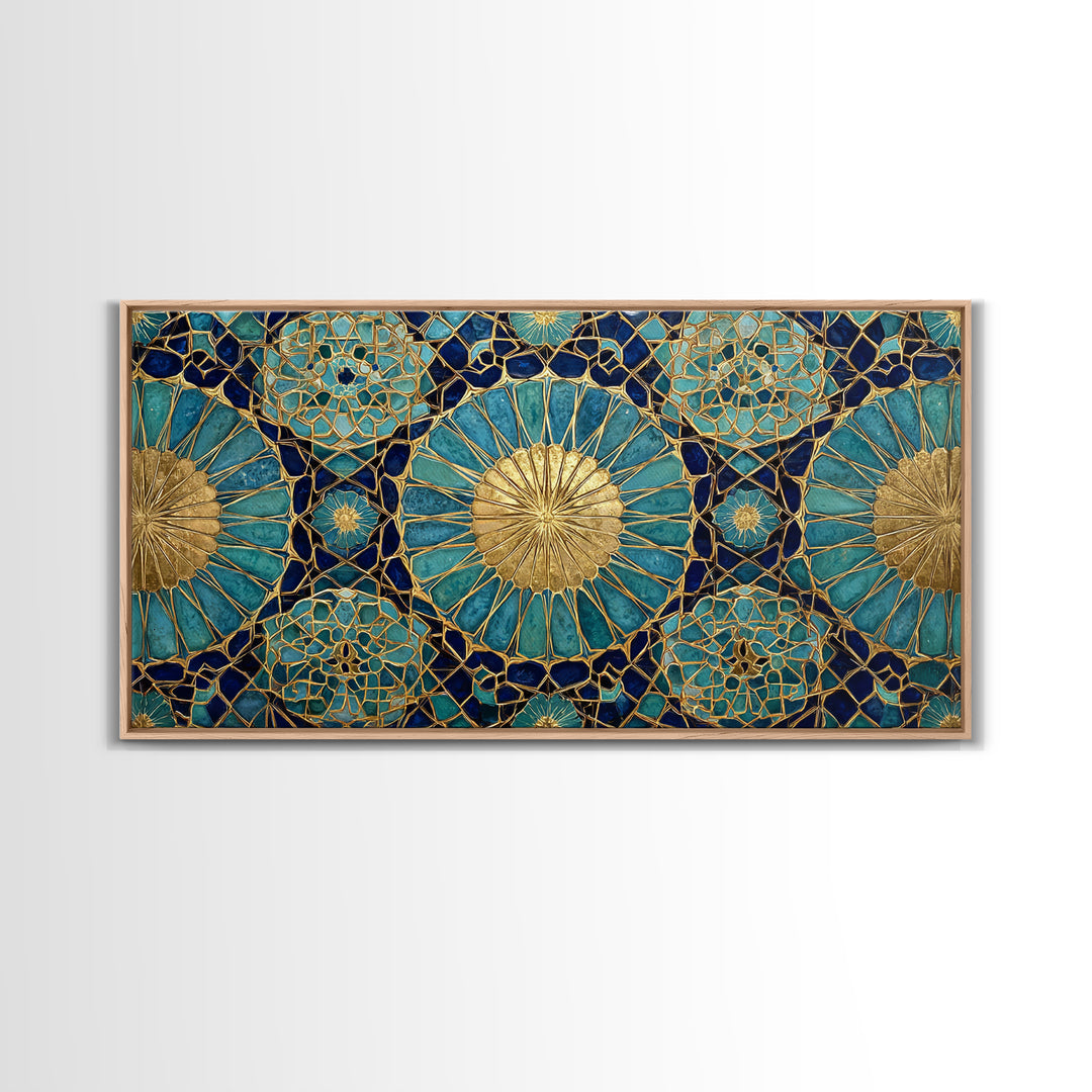Teal And Gold Islamic Geometric Mosaic Wall Art, Moroccan Decor, Arabic Pattern Art, Spiritual Canvas Print, Luxury Home Decor