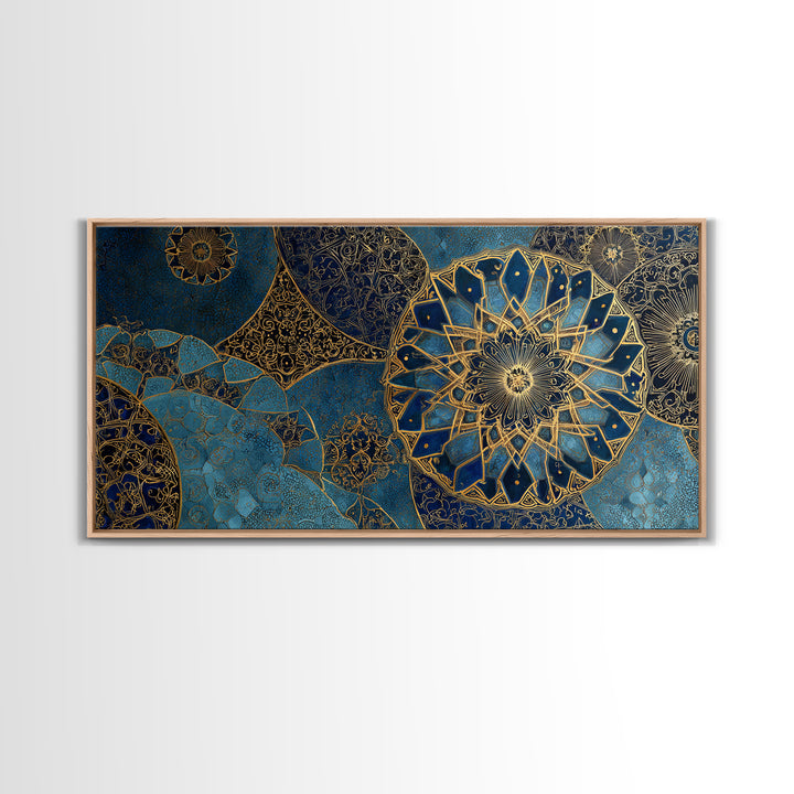 Blue Gold Islamic Mandala Wall Art, Moroccan Geometric Canvas Print, Arabic Home Decor, Large Living Room Wall Decor, Gift