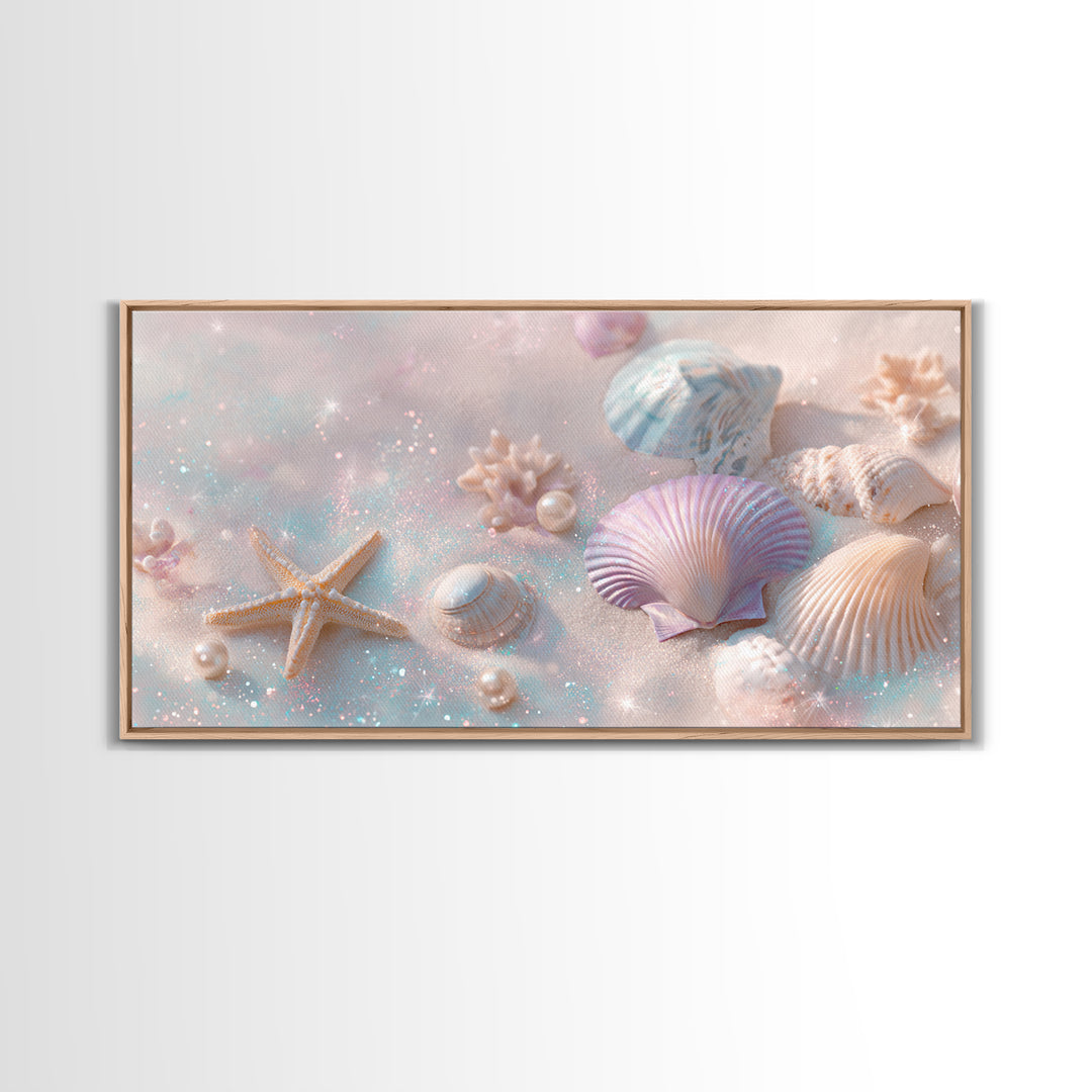 Pastel Seashells And Starfish Canvas Print, Coastal Beach Wall Art, Beach House Decor, Pastel Bathroom Decor, Ocean Nursery Gift For Her
