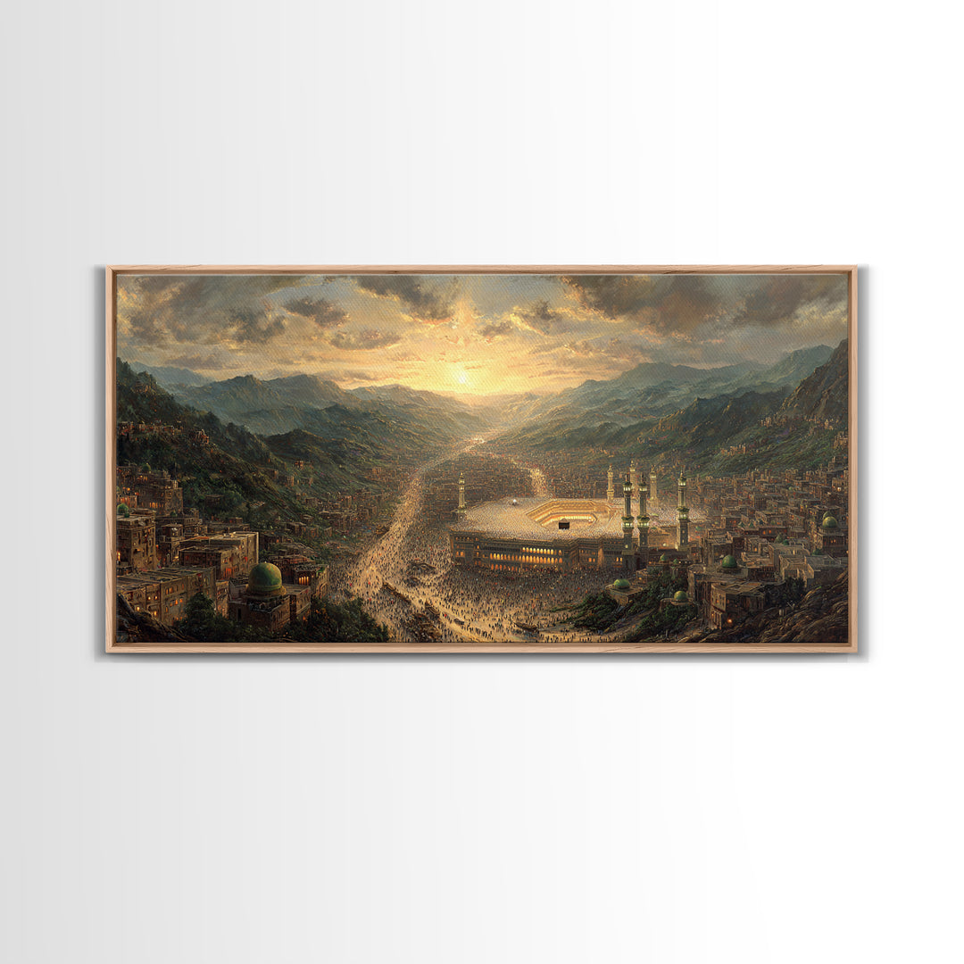 Mecca Sunset Valley And Holy Mosque Canvas Print, Islamic Wall Art, Panoramic Landscape Art For Prayer Room Decor Gift Idea