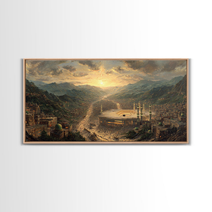 Mecca Sunset Valley And Holy Mosque Canvas Print, Islamic Wall Art, Panoramic Landscape Art For Prayer Room Decor Gift Idea