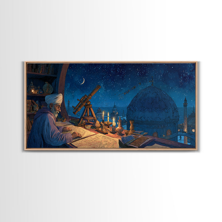 Starlit Astronomer Observatory Canvas Print, Islamic Architecture Wall Decor, Celestial Night Sky Art For Study Room And Office Decor
