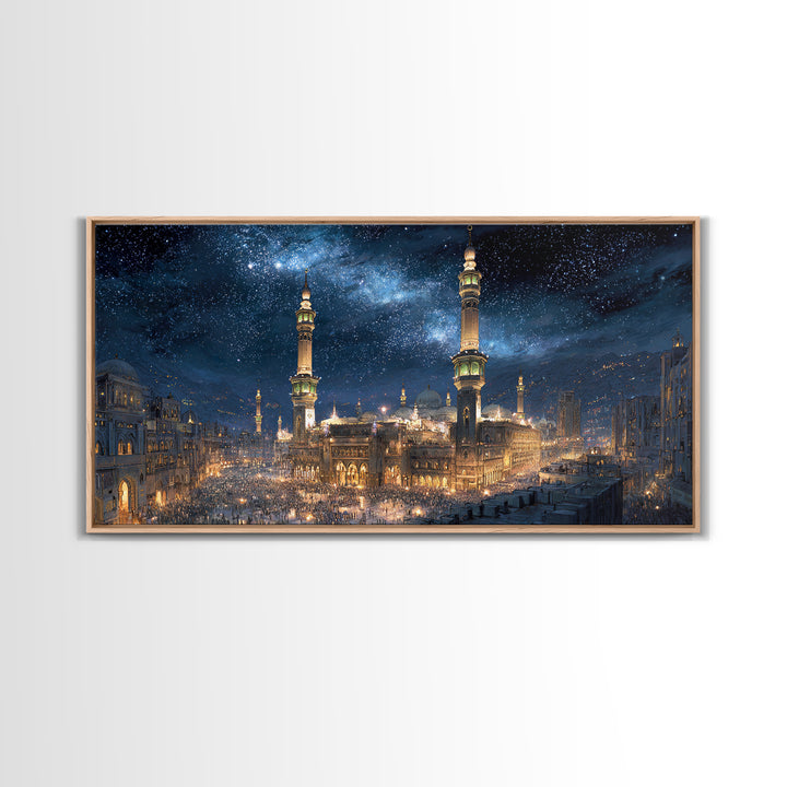 Starry Mecca Minarets At Night Wall Art, Islamic Framed Canvas Print, Celestial City Decor For Prayer Room And Living Room