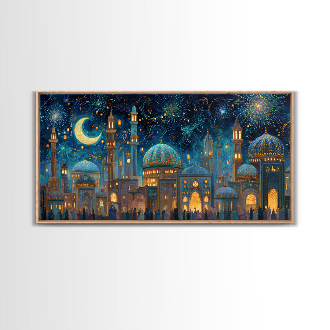 Festive Islamic City With Crescent Moon Framed Canvas Print, Ramadan Wall Art, Moroccan Decor, Eid Gift, Celestial Poster