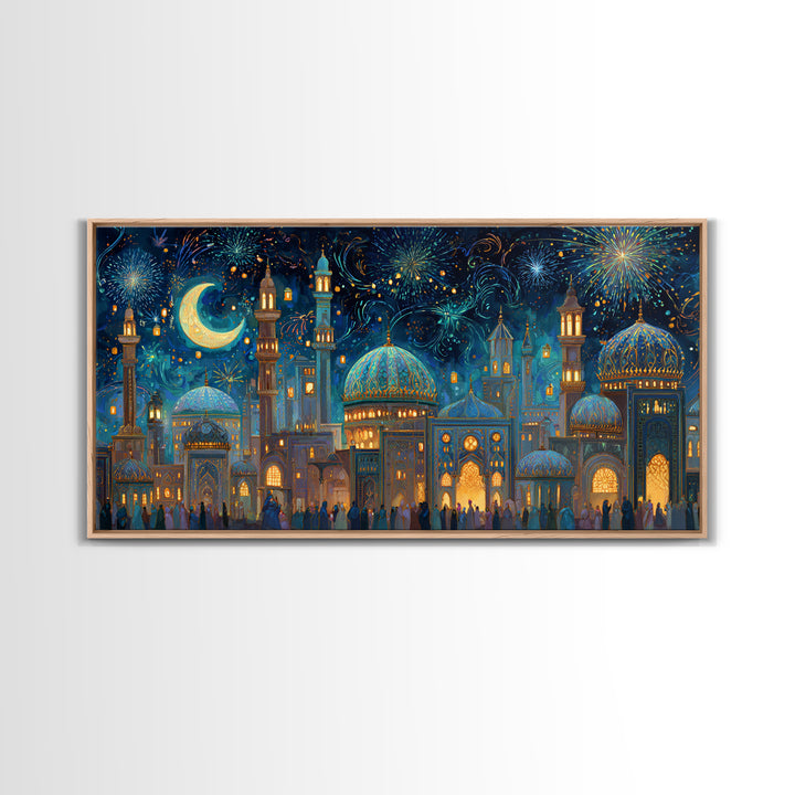 Festive Islamic City With Crescent Moon Framed Canvas Print, Ramadan Wall Art, Moroccan Decor, Eid Gift, Celestial Poster