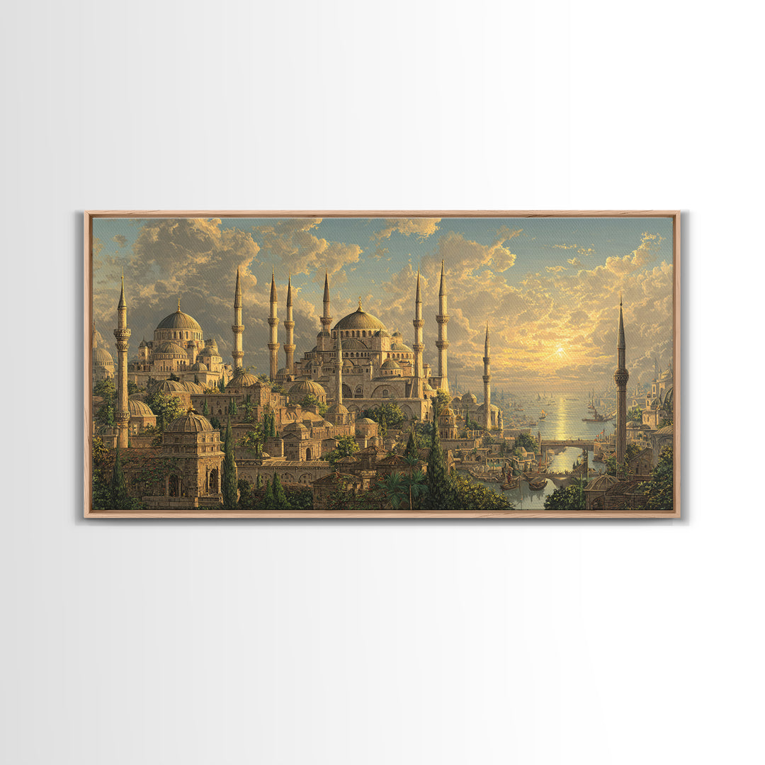 Golden Istanbul Mosque Skyline At Sunset Canvas Print, Islamic Architecture Wall Art, Travel Poster, Elegant Home Decor Gift