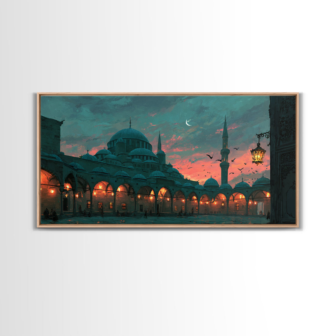 Twilight Mosque Courtyard Framed Canvas Print, Islamic Architecture Wall Art, Istanbul Travel Poster And Prayer Room Decor
