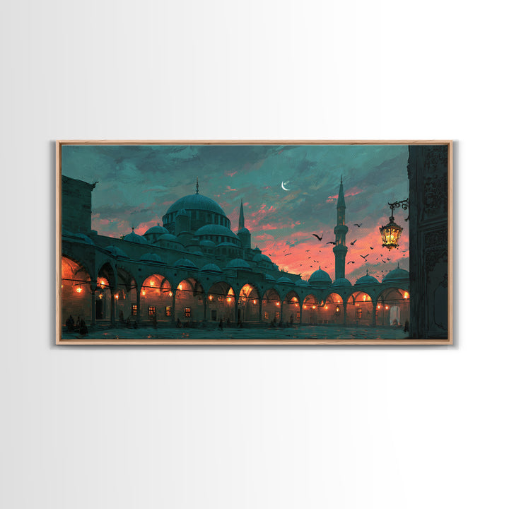 Twilight Mosque Courtyard Framed Canvas Print, Islamic Architecture Wall Art, Istanbul Travel Poster And Prayer Room Decor
