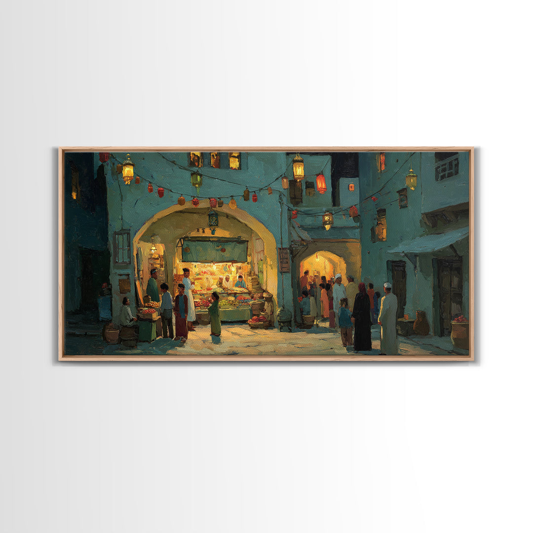 Middle Eastern Night Bazaar Wall Art, Glowing Shopfront Alley Scene, Moroccan Decor, Islamic Home Decor, Housewarming Gift