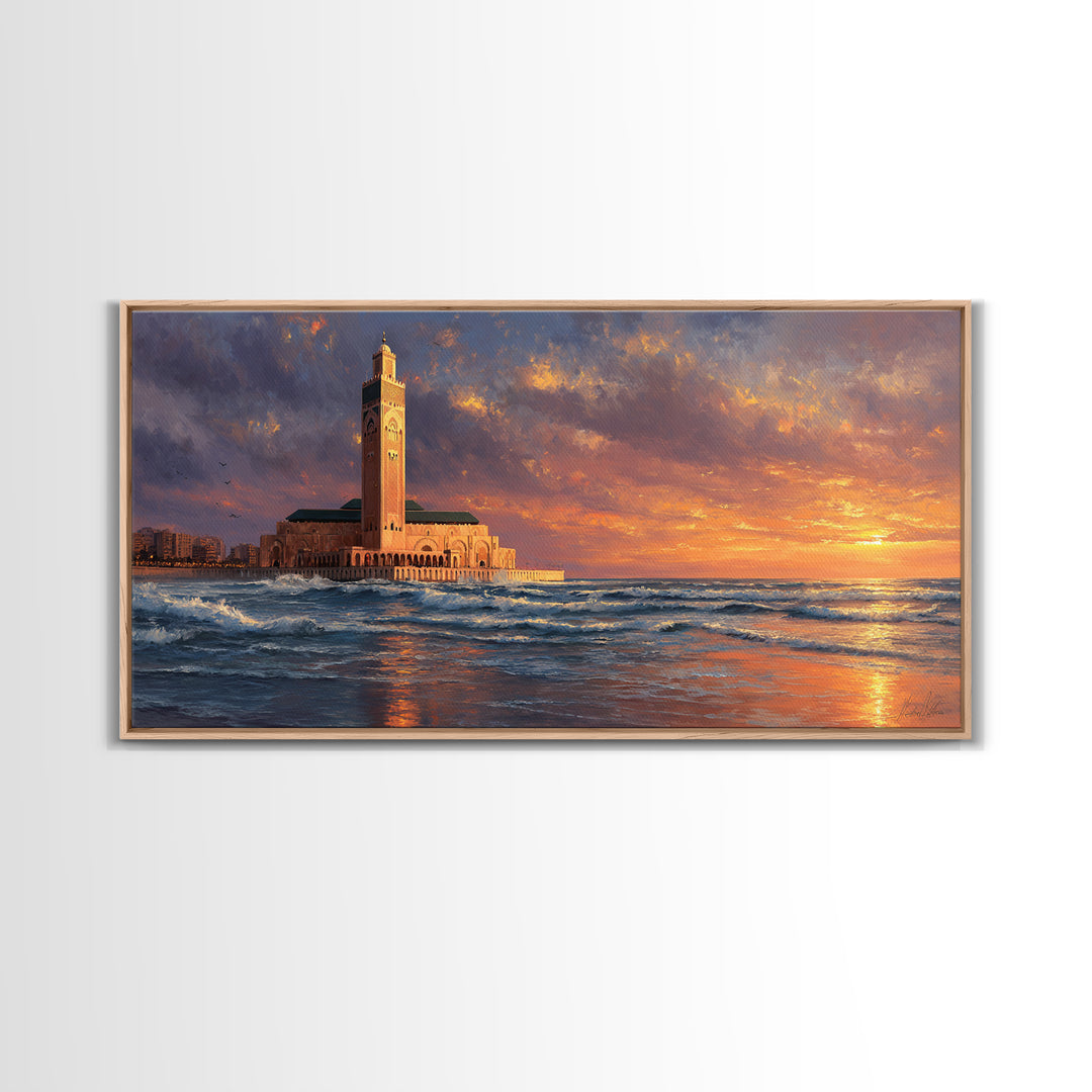 Casablanca Mosque Sunset Wall Art, Moroccan Coastal Seascape Canvas Print, Islamic Architecture, Ocean Decor For Living Room