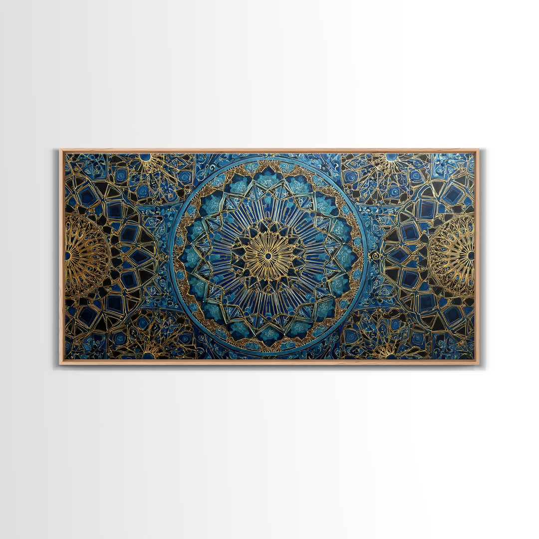 Blue Gold Islamic Geometric Wall Art, Moroccan Mosaic Canvas Print, Sacred Geometry Decor, Luxury Prayer Room Wall Decor