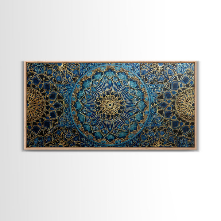 Blue Gold Islamic Geometric Wall Art, Moroccan Mosaic Canvas Print, Sacred Geometry Decor, Luxury Prayer Room Wall Decor