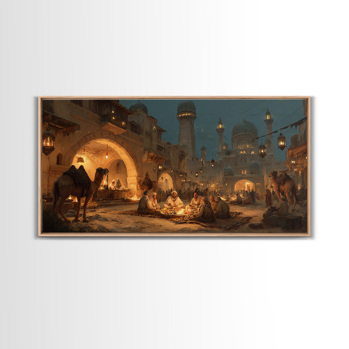 Arabian Night Market With Camels Wall Art, Middle Eastern Cityscape Canvas Print, Warm Lantern Decor, Travel Gift For Living Room