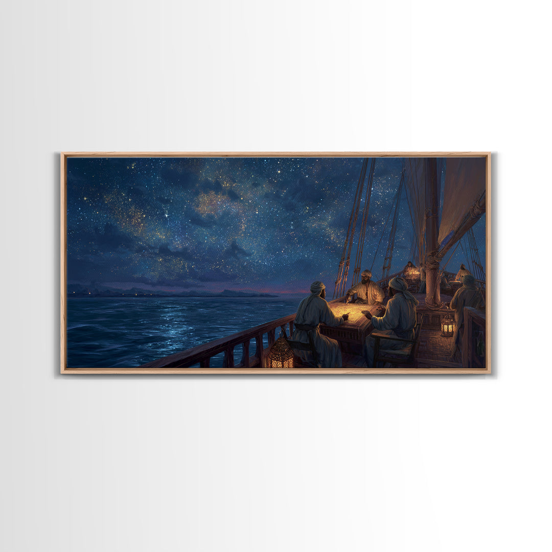 Starlit Sailing Ship Canvas Print, Nautical Night Sky Seascape, Celestial Ocean Decor, Maritime Travel Art, Gift For Him