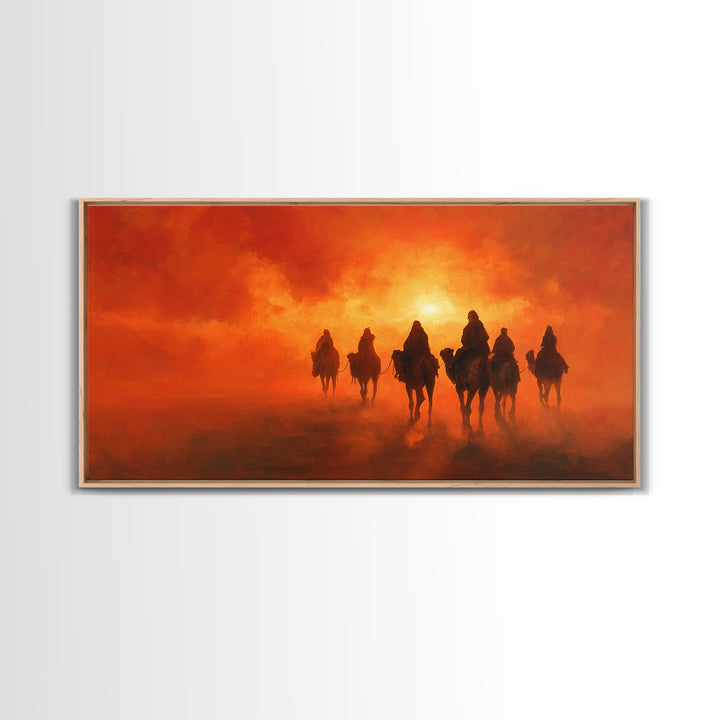 Desert Riders At Blazing Sunset Framed Canvas Print, Western Wall Art, Cowboy Landscape For Rustic Southwestern Home Decor Gift