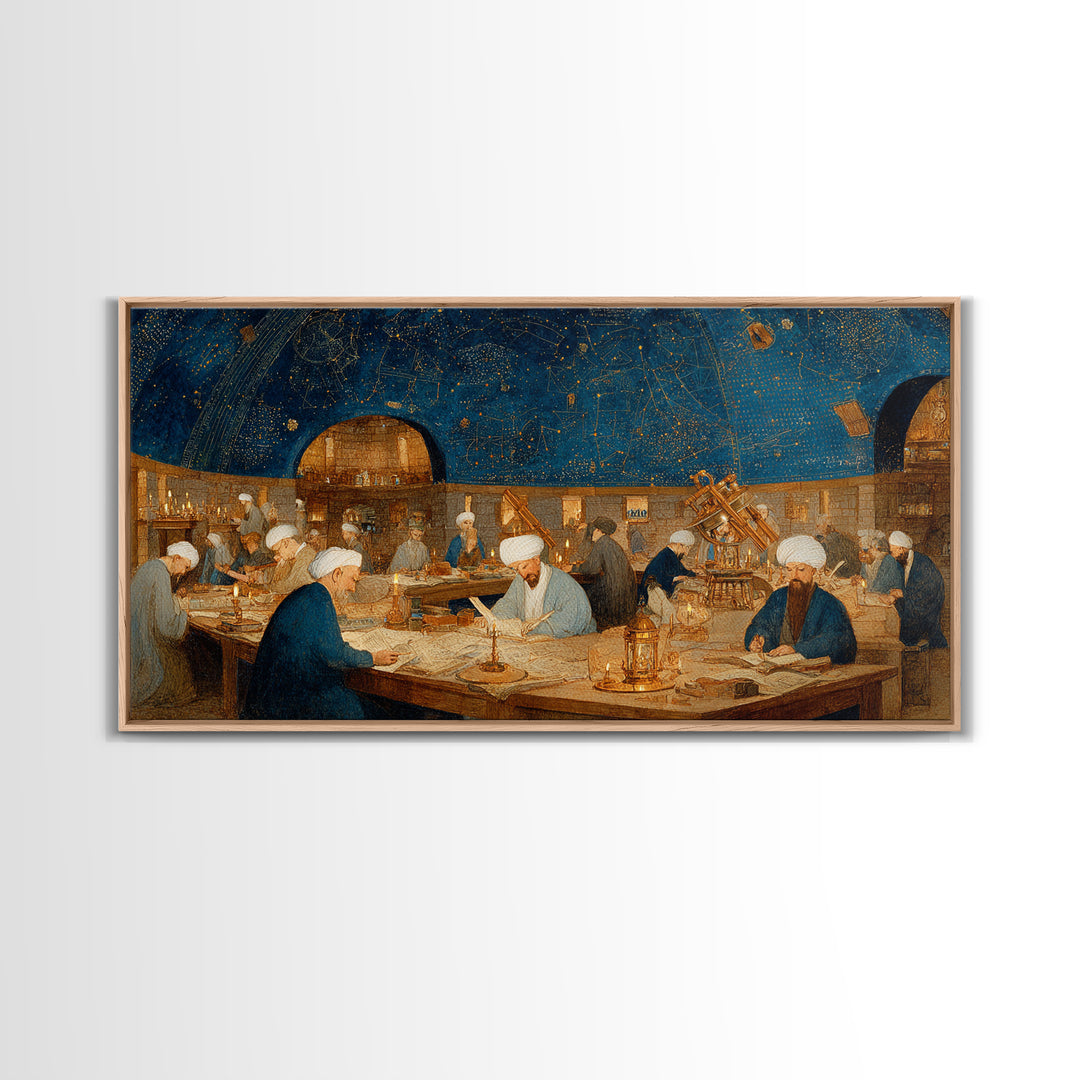 Starlit Islamic Observatory Wall Art, Scholars And Astrolabe Canvas, Arabic Astronomy Decor, Dark Academia Art Print Gift
