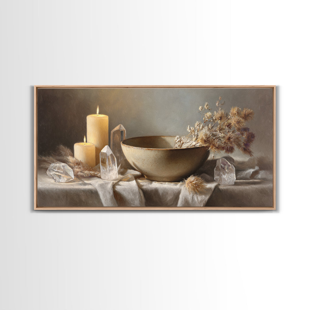 Candles Crystals And Ceramic Bowl Wall Art, Zen Spa Canvas Print, Neutral Still Life Decor, Meditation Room Housewarming Gift