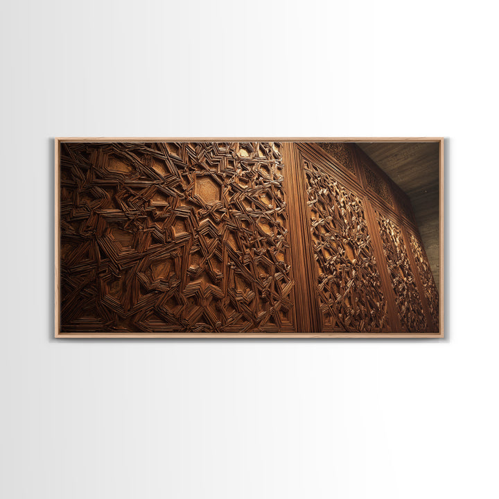 Ornate Islamic Geometric Wood Panel Framed Canvas Print, Moroccan Wall Art, Arabesque Pattern, Warm Rustic Home Decor Gift
