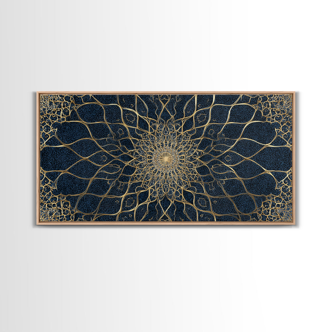 Navy Gold Sacred Geometry Mandala Wall Art, Mystical Spiritual Canvas Wall Art For Meditation Room Decor And Modern Home Decor