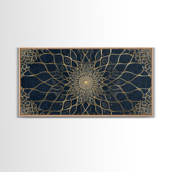Navy Gold Sacred Geometry Mandala Wall Art, Mystical Spiritual Canvas Wall Art For Meditation Room Decor And Modern Home Decor