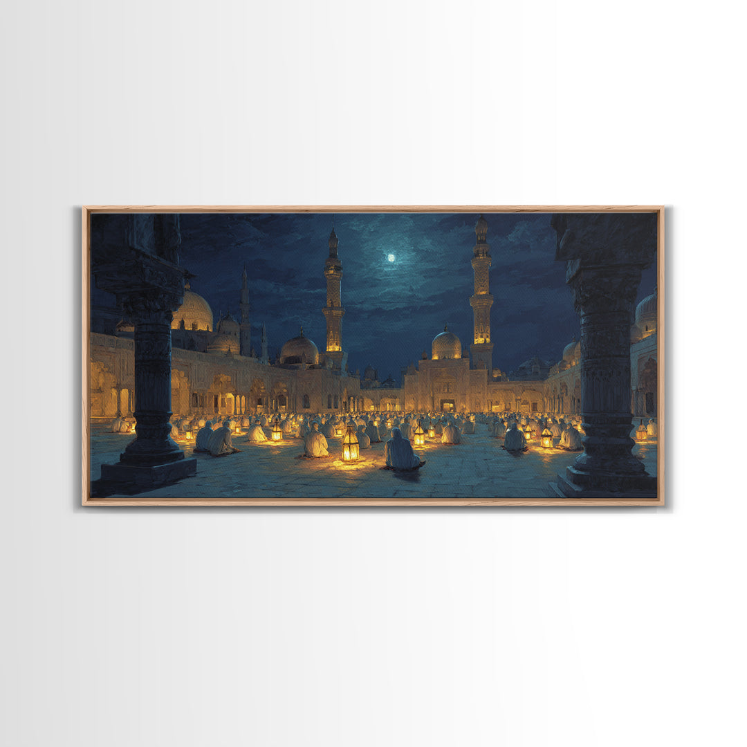 Moonlit Mosque Courtyard With Lanterns Canvas Print, Islamic Wall Art, Prayer Room Decor And Ramadan Gift Idea For Serene Home Decor