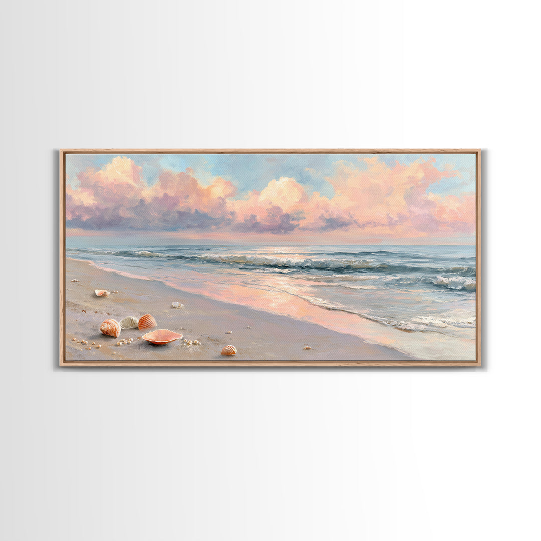 Pastel Ocean Beach Seascape Canvas Print, Coastal Wall Art, Shells And Waves Decor, Beach House Living Room Wall Decor, Gift For Her