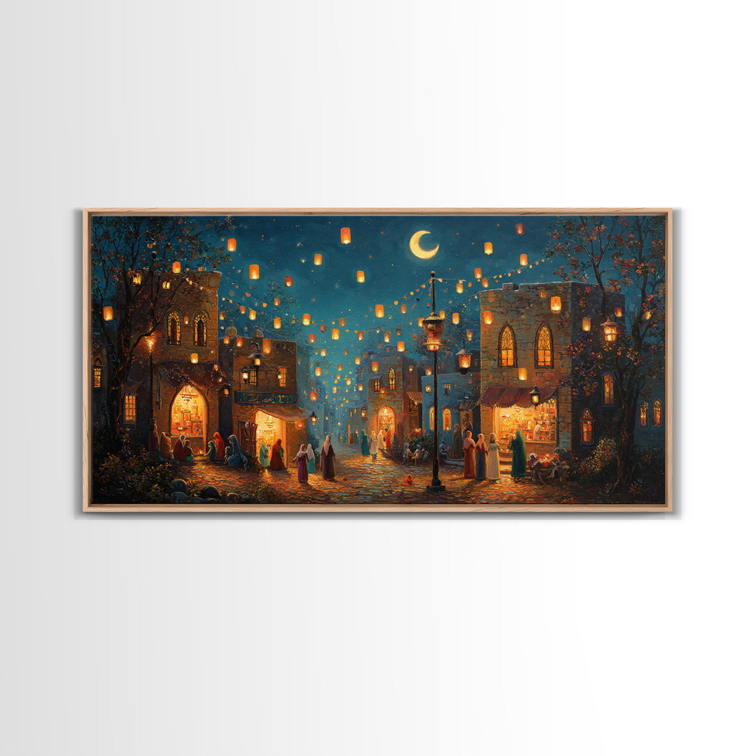 Lantern Lit Old City Bazaar Canvas Print, Crescent Moon Islamic Wall Art, Moroccan Night Market Decor And Ramadan Gift For Home Decor