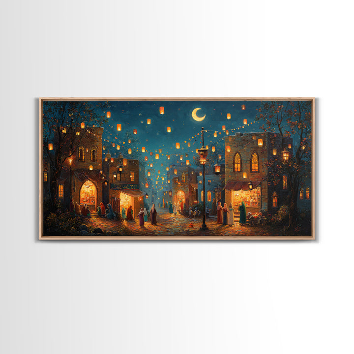 Lantern Lit Old City Bazaar Canvas Print, Crescent Moon Islamic Wall Art, Moroccan Night Market Decor And Ramadan Gift For Home Decor