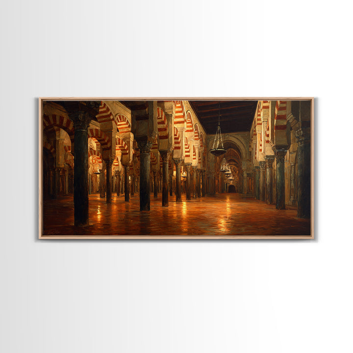 Ornate Islamic Arch Hall Wall Art, Mosque Interior Canvas Print, Moorish Architecture Decor, Warm Historical Home Wall Decor