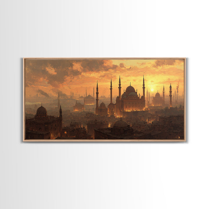 Golden Istanbul Mosque Skyline Wall Art, Islamic Architecture Canvas Print, Sunset Cityscape, Travel Inspired Living Room Decor